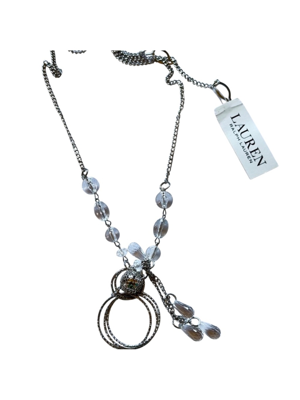 NWT Lauren Ralph Lauren Silver Crystal Statement Necklace 30" Y2K